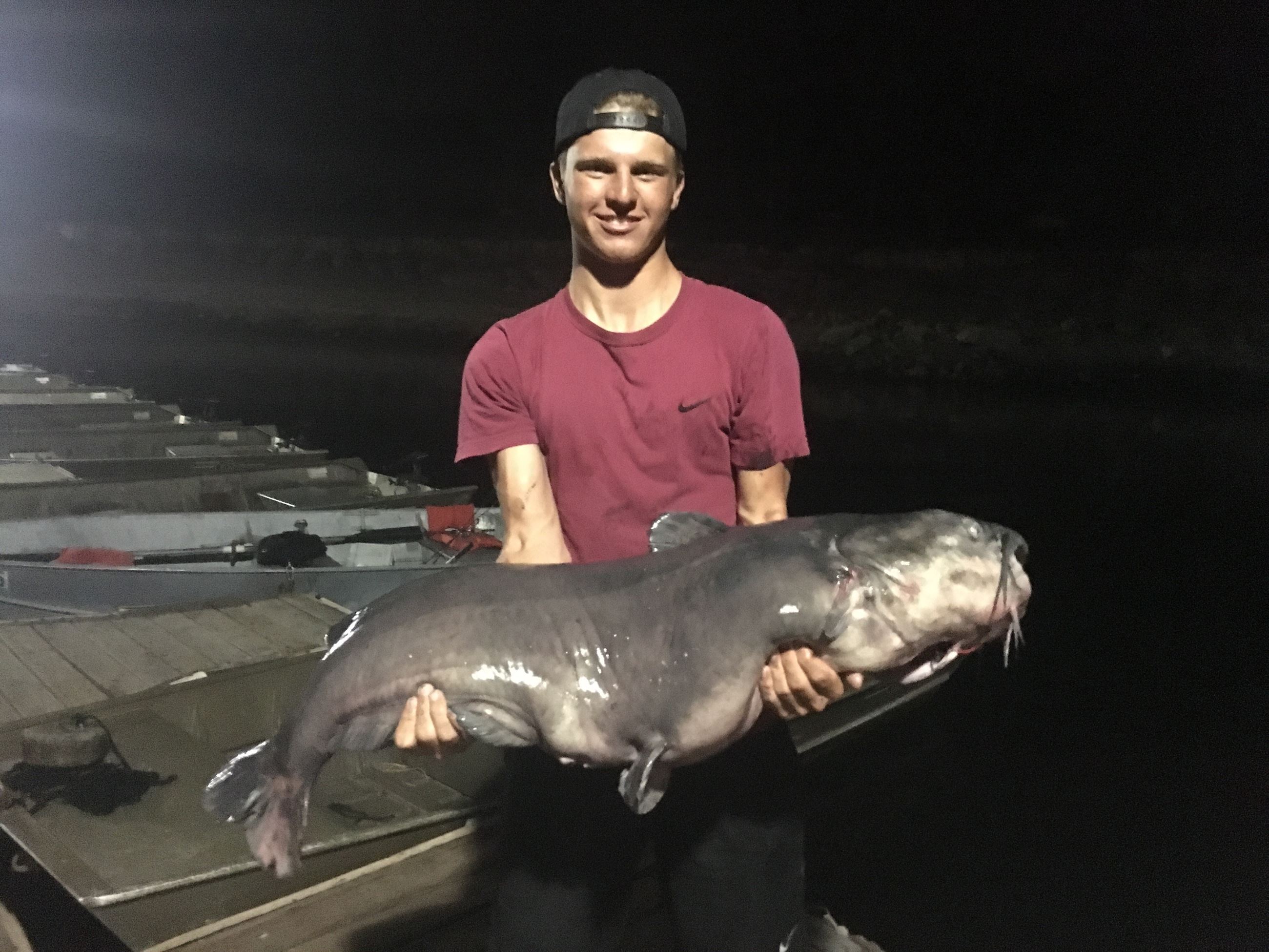 Ryan Hopkins Record Catfish 44.5 lbs. 15 July 17, Mackerel Jump Off 20 lb test