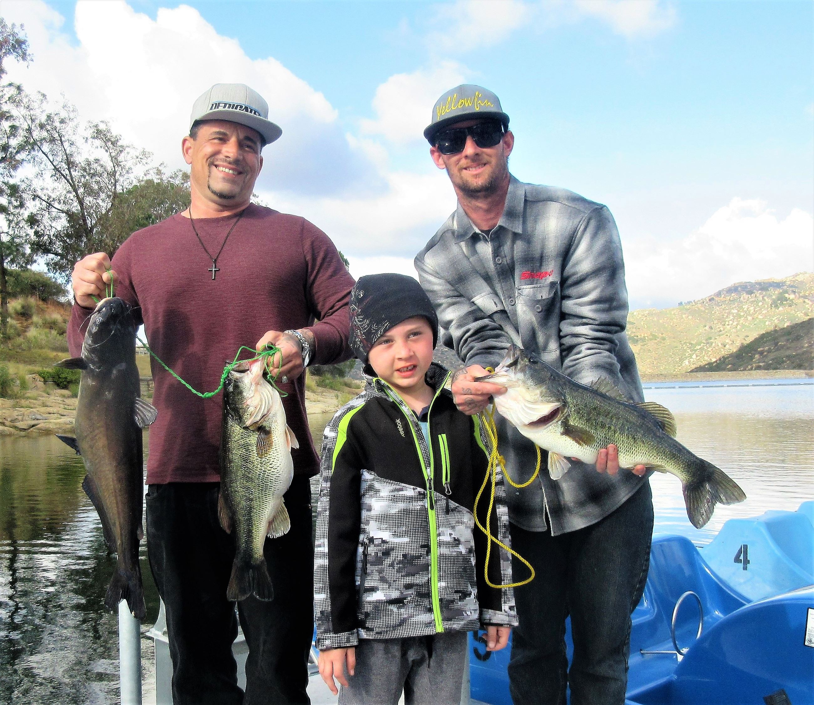 David Contizano, Paul and Dylon Romano, 5 and 7lb. bass, 9lb cat, Huddleston jig and shiners, 11 Mar