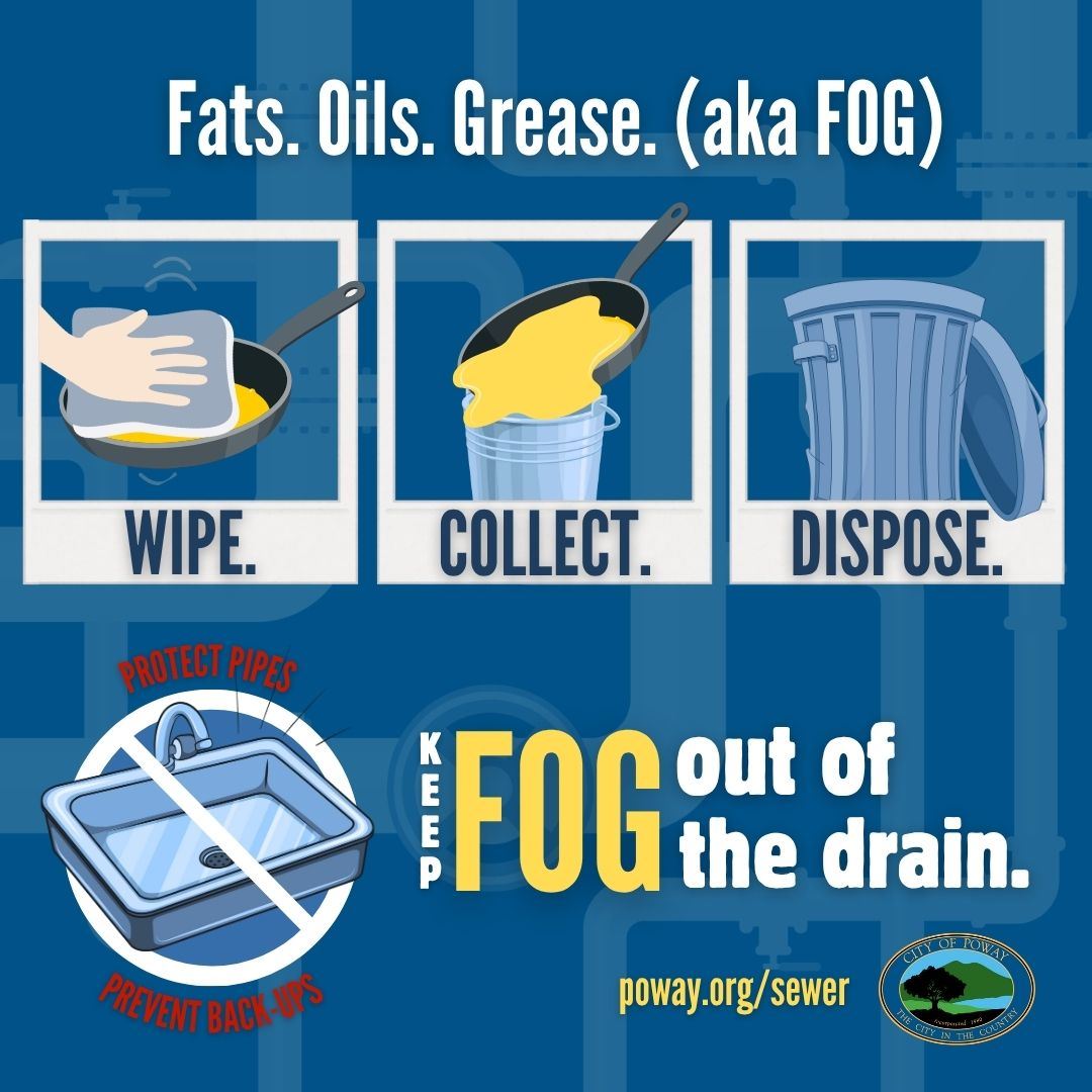 Wipe, collect, dispose. Keep FOG (fast, oil, grease) out of the drain. Protect pipes, prevent back ups. poway.org/sewer