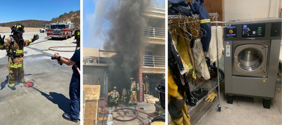 firefighters practicing putting out fire and turnout extractor to help reduce exposure to chemicals