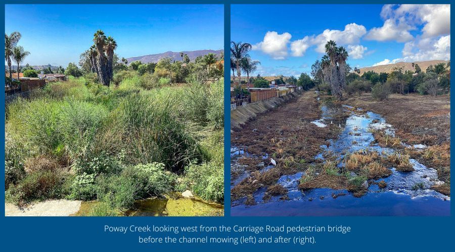 Poway Creek looking west from the Carriage Road pedestrian bridge before and after